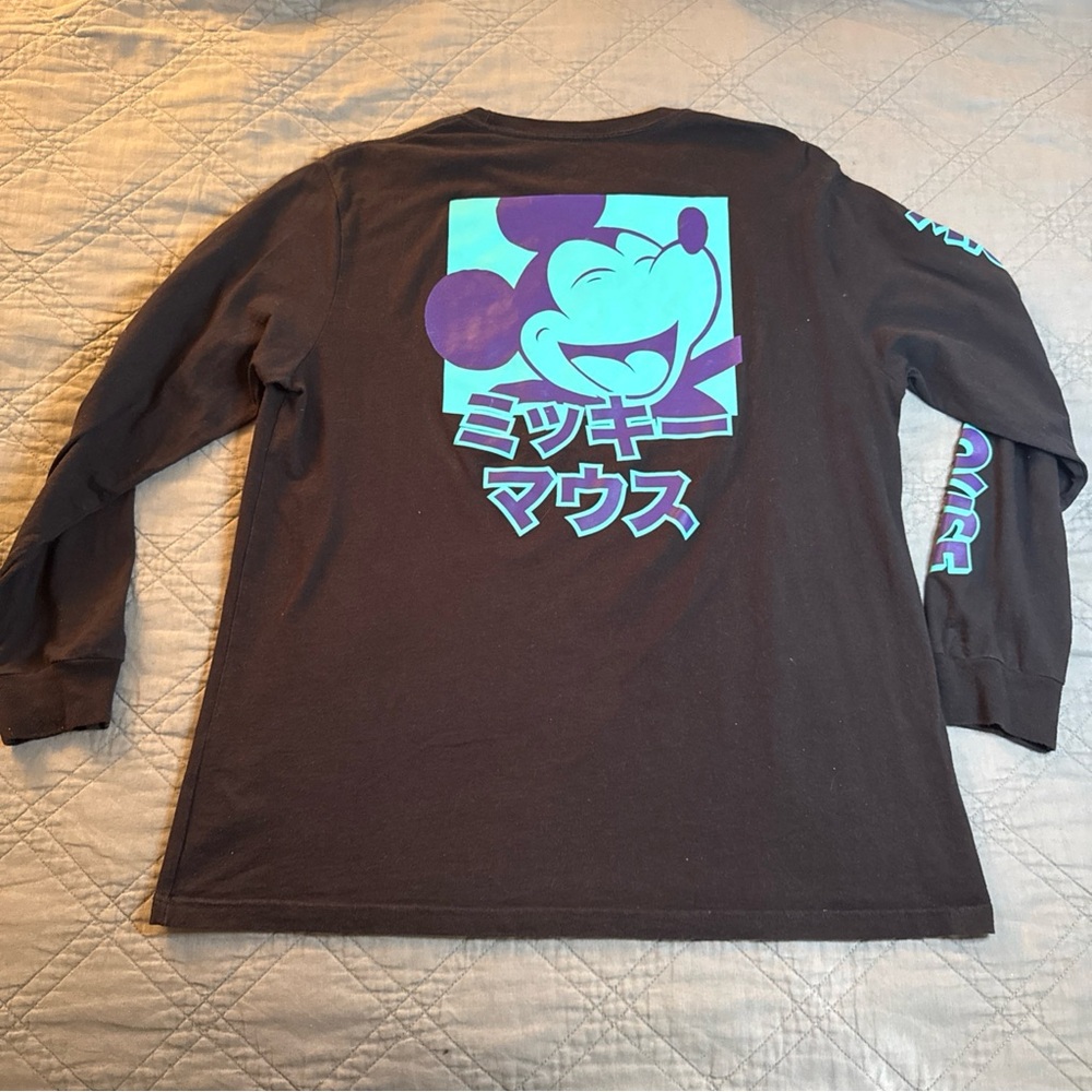 Disney Tokyo Mickey Mouse Long Sleeve Black Kanji Graphic T-Shirt Mens XL - Picture 2 of 9
